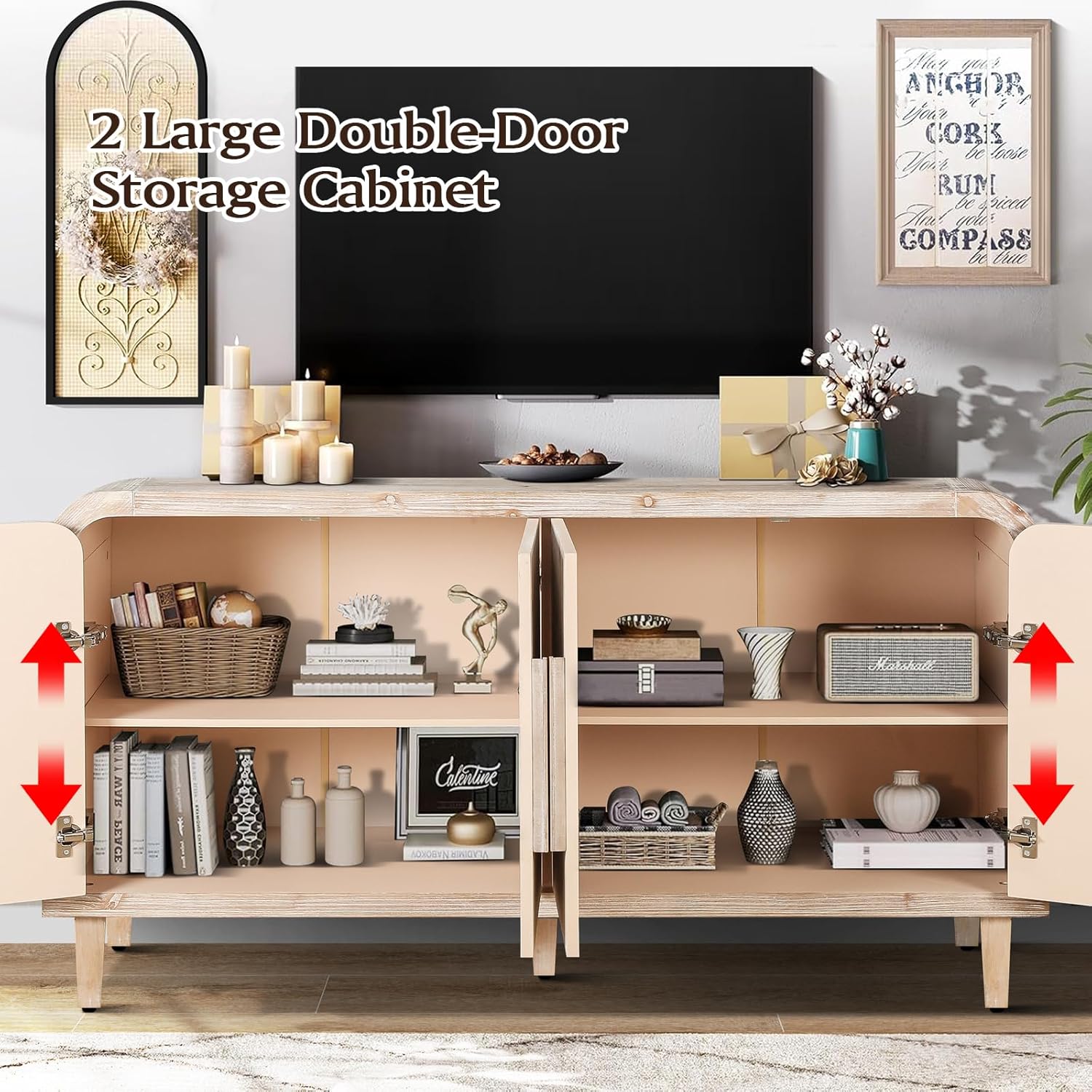 59'' Farmhouse Curved Vintage Storage Sideboard with Large Wooden Handles, Vertical Wood Grain Carving and Adjustable Shelves for Kitchen,Dining Room (Natural Wood Washed)