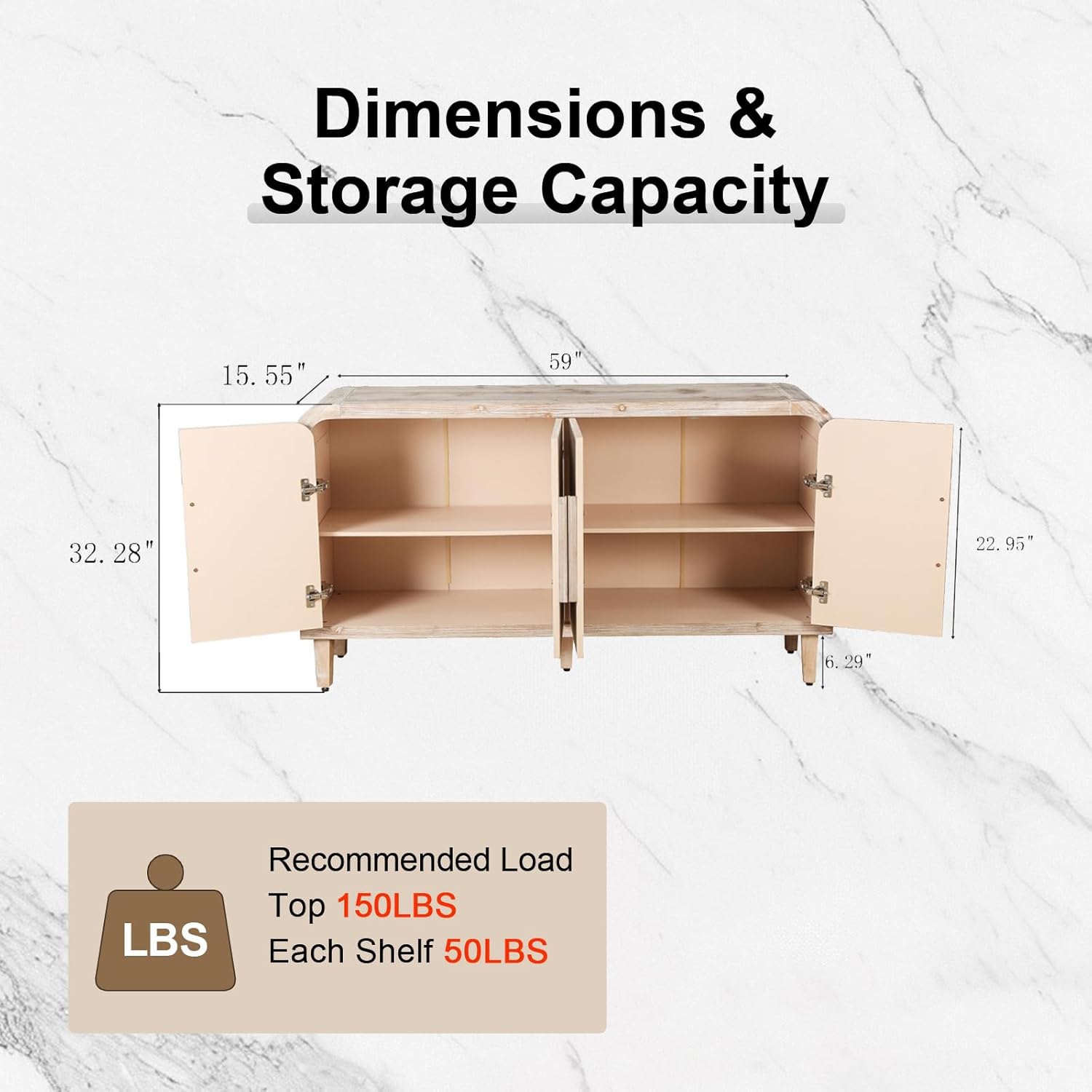 59'' Farmhouse Curved Vintage Storage Sideboard with Large Wooden Handles, Vertical Wood Grain Carving and Adjustable Shelves for Kitchen,Dining Room (Natural Wood Washed)