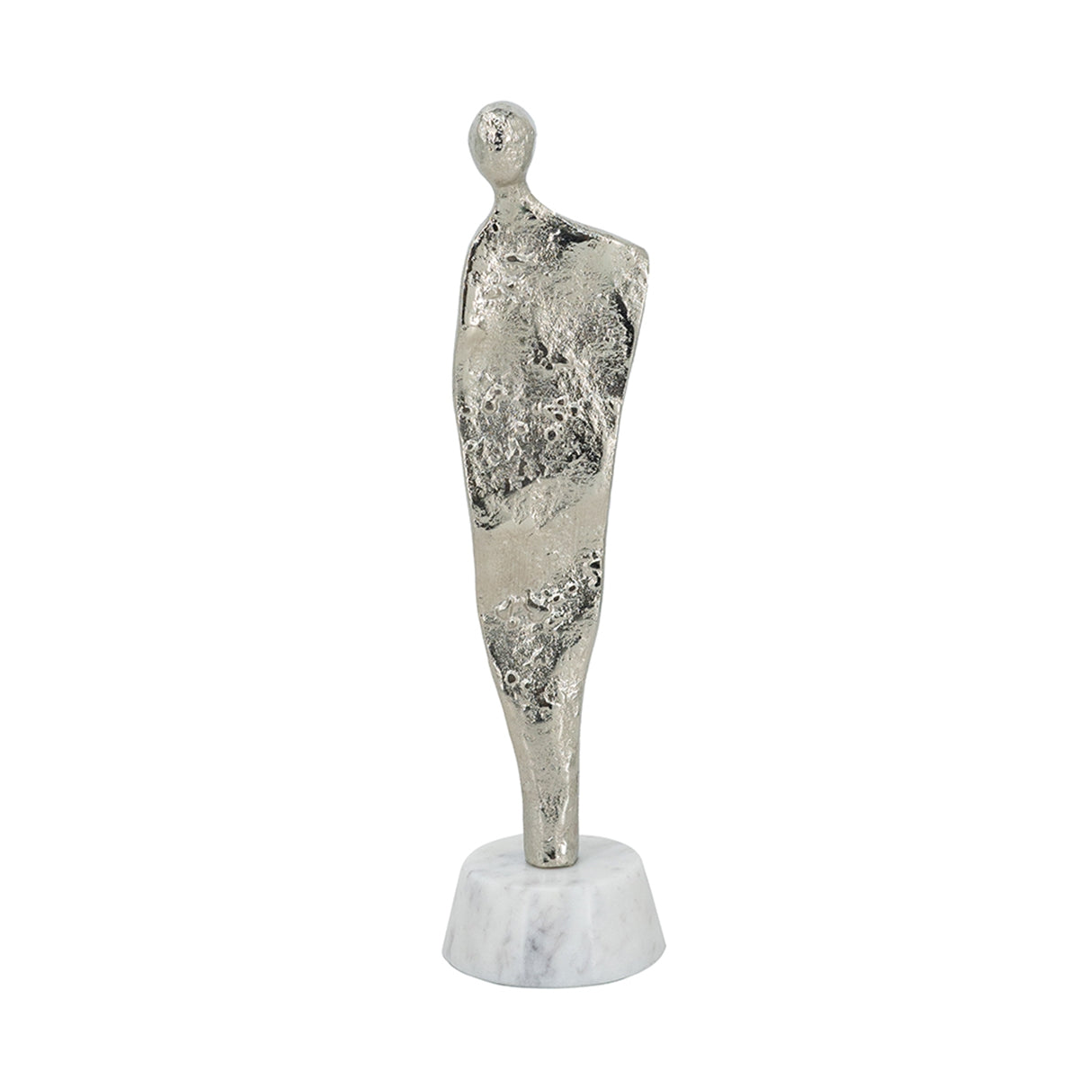 3.5x3x12" Abstract Aluminum Human Figurine on Marble Stand, Silver/White