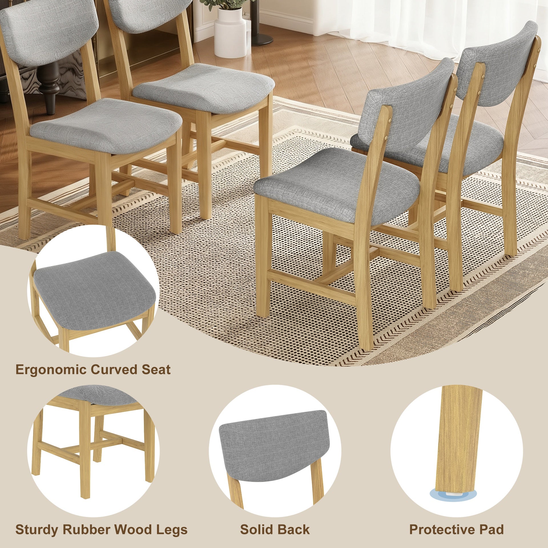 Rustic 5-Piece Dining Set - 1 Solid Wood Table + 4 Upholstered Chairs, Farmhouse-Style Dining Furniture for Kitchen & Dining Room, Minimalist Dining Set for 4, Natural