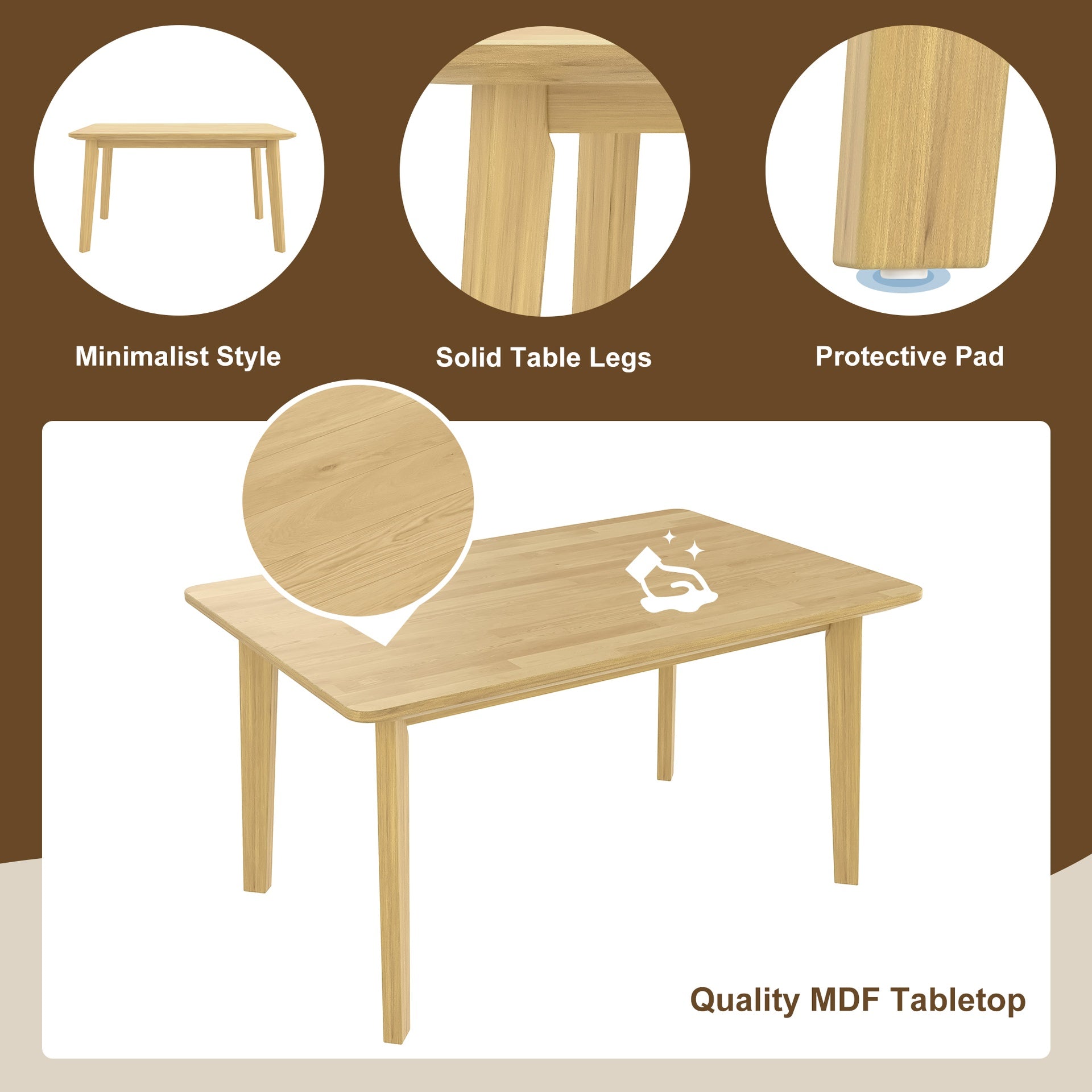 Rustic Farmhouse DiningTable - Solid Wood Frame, Minimalist Retro Dining Table for Dining Room, Living Room, Natural