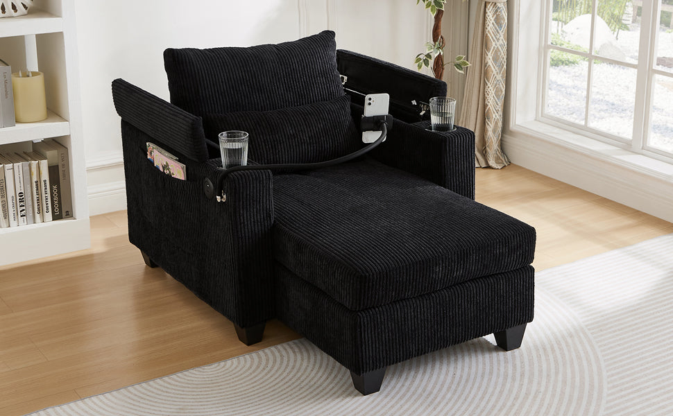 Convertible Chaise Lounge 37.4" Sofa Chair Sofa Bed Corduroy Sleeper Sofa with USB Ports , Two Cup Holders, Phone Holder and Ample Storage Space for Living Room and Bedroom, Black