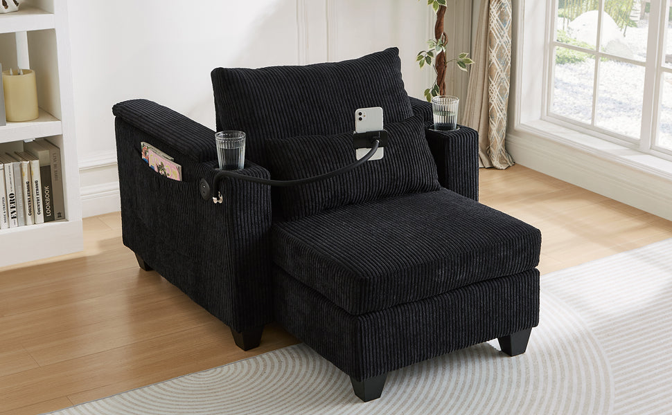 Convertible Chaise Lounge 37.4" Sofa Chair Sofa Bed Corduroy Sleeper Sofa with USB Ports , Two Cup Holders, Phone Holder and Ample Storage Space for Living Room and Bedroom, Black