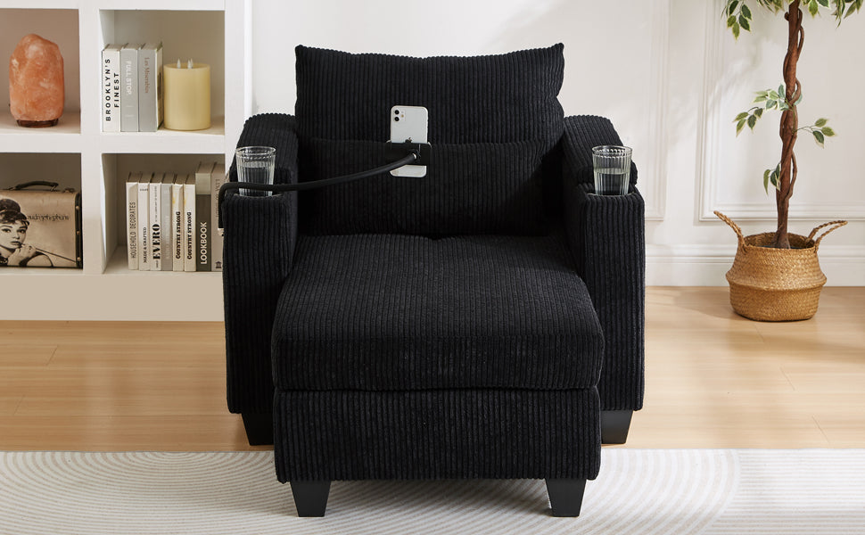 Convertible Chaise Lounge 37.4" Sofa Chair Sofa Bed Corduroy Sleeper Sofa with USB Ports , Two Cup Holders, Phone Holder and Ample Storage Space for Living Room and Bedroom, Black