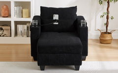 Convertible Chaise Lounge 37.4" Sofa Chair Sofa Bed Corduroy Sleeper Sofa with USB Ports , Two Cup Holders, Phone Holder and Ample Storage Space for Living Room and Bedroom, Black