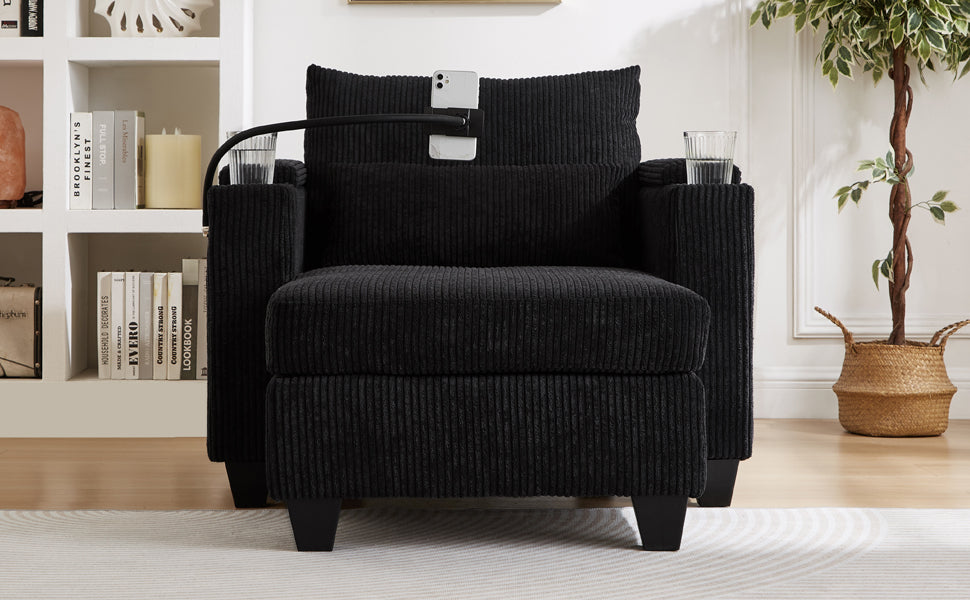 Convertible Chaise Lounge 37.4" Sofa Chair Sofa Bed Corduroy Sleeper Sofa with USB Ports , Two Cup Holders, Phone Holder and Ample Storage Space for Living Room and Bedroom, Black
