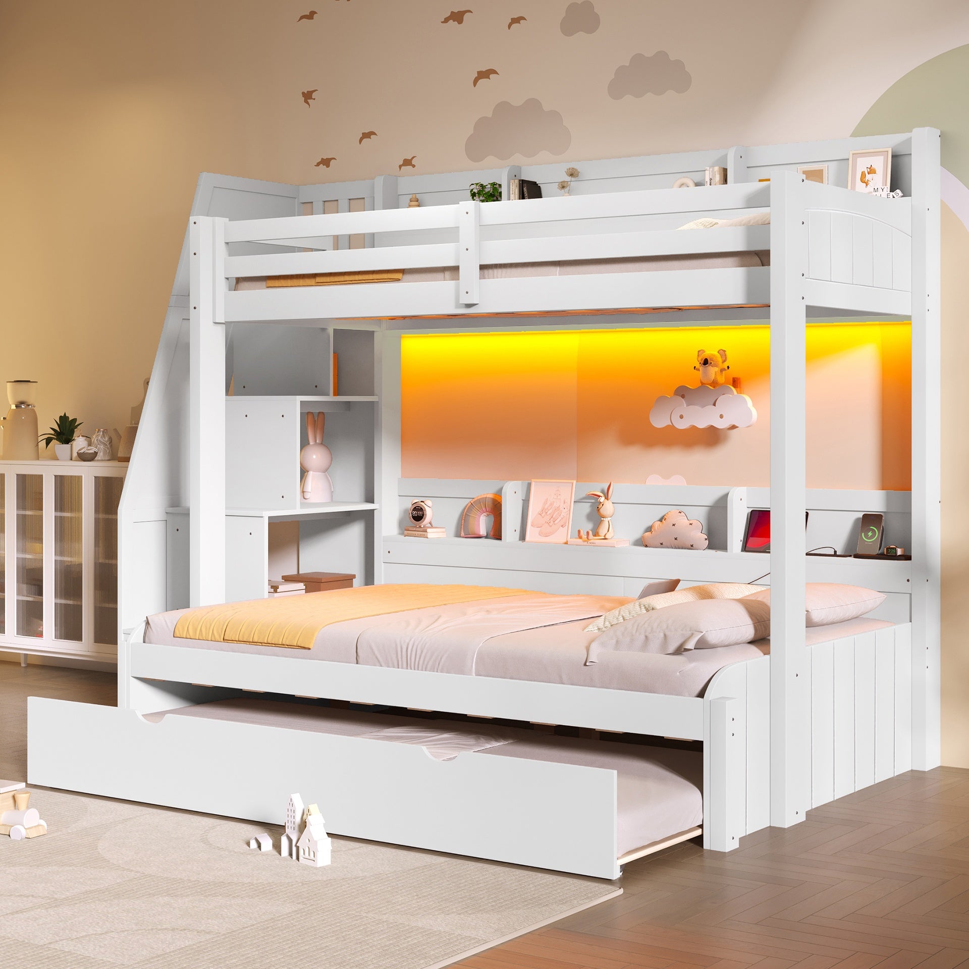 Twin over Full Bunk Bed with Storage Staircase,  Trundle, Storage Shelves, LED and USB, White