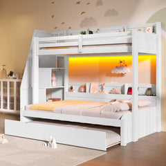 Twin over Full Bunk Bed with Storage Staircase,  Trundle, Storage Shelves, LED and USB, White