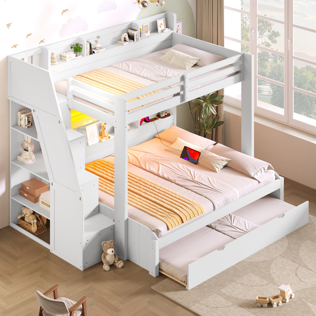 Twin over Full Bunk Bed with Storage Staircase,  Trundle, Storage Shelves, LED and USB, White