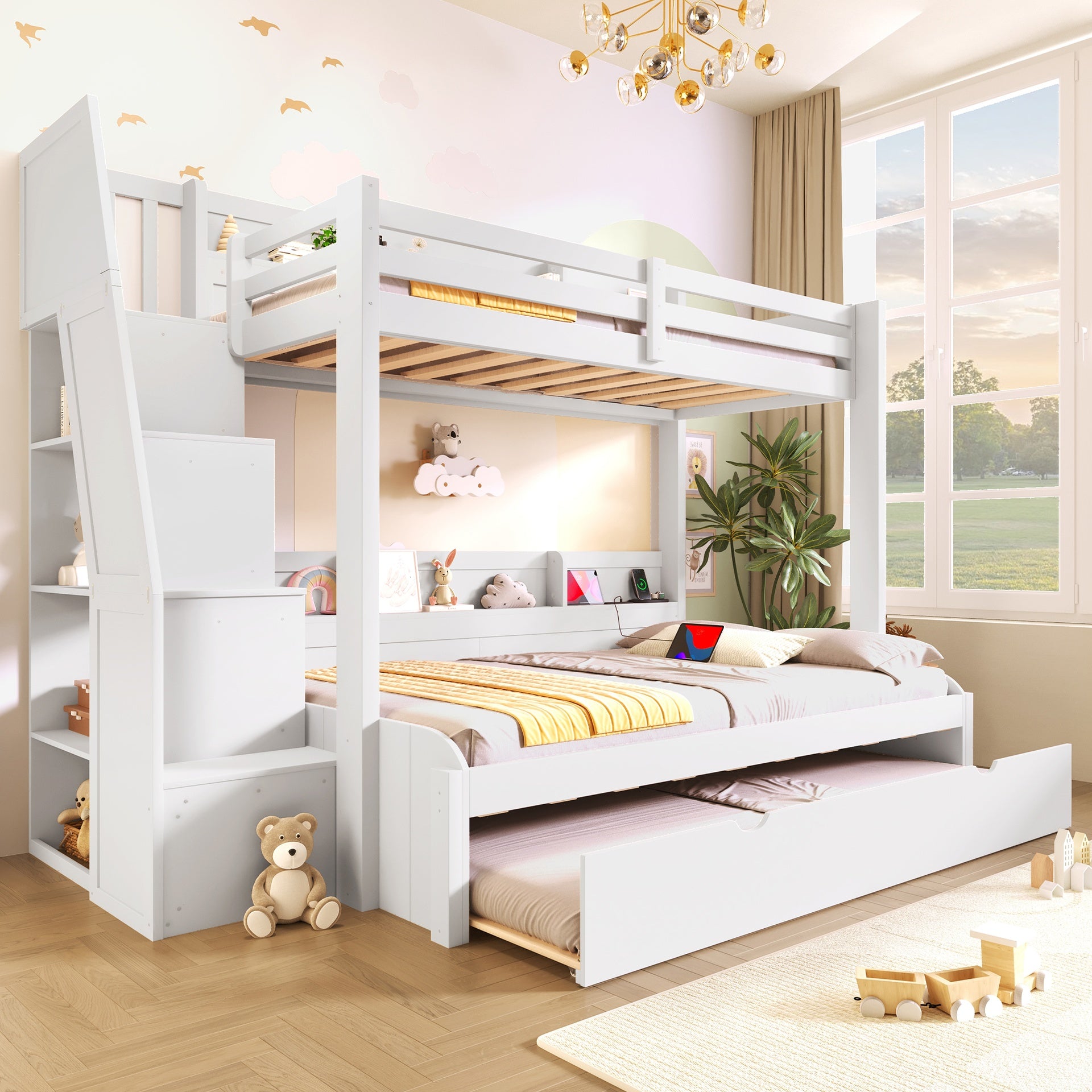 Twin over Full Bunk Bed with Storage Staircase,  Trundle, Storage Shelves, LED and USB, White