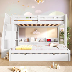Twin over Full Bunk Bed with Storage Staircase,  Trundle, Storage Shelves, LED and USB, White