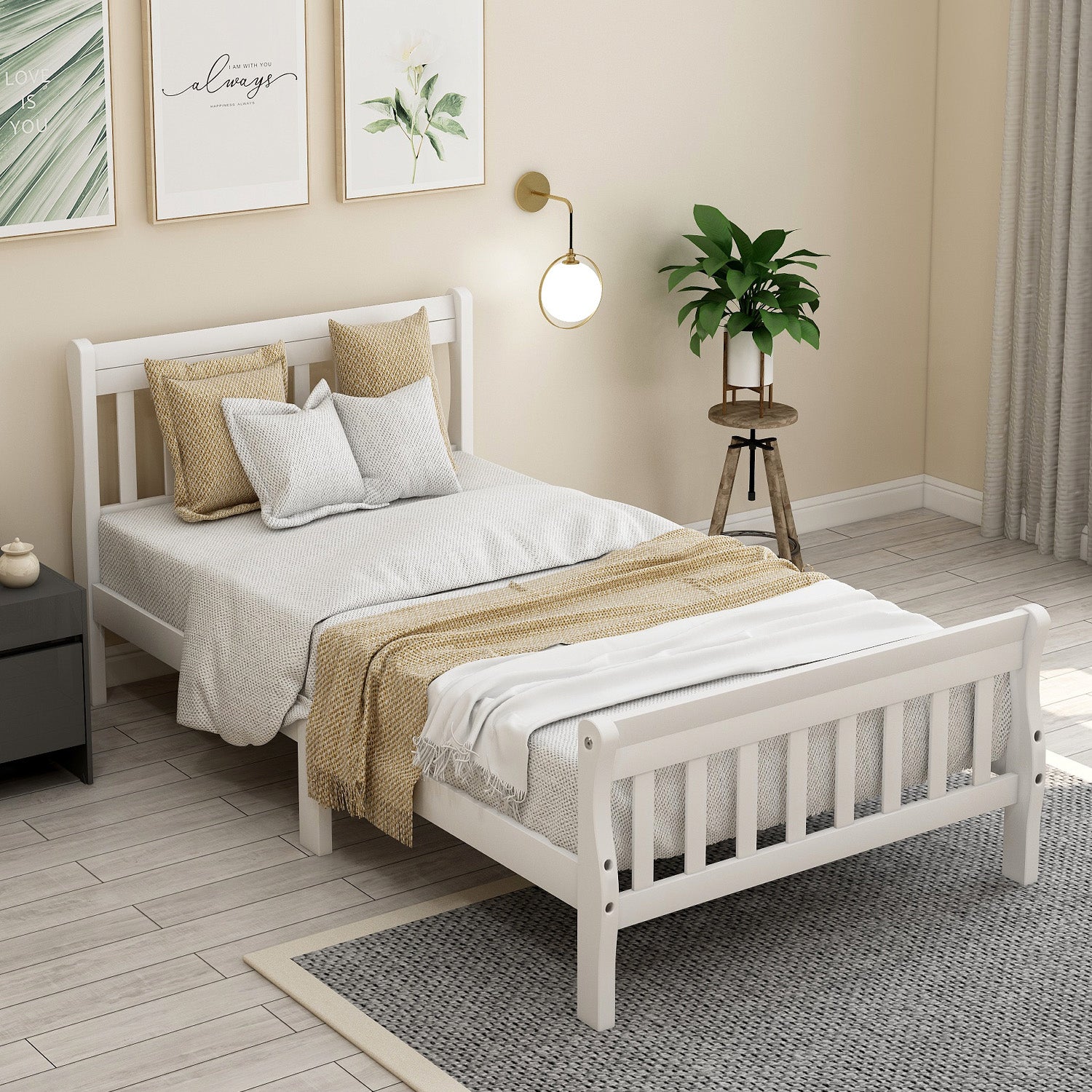 Wood Platform Bed Twin Bed Frame Panel Bed Mattress Foundation Sleigh Bed with Headboard/Footboard/Wood Slat Support,White