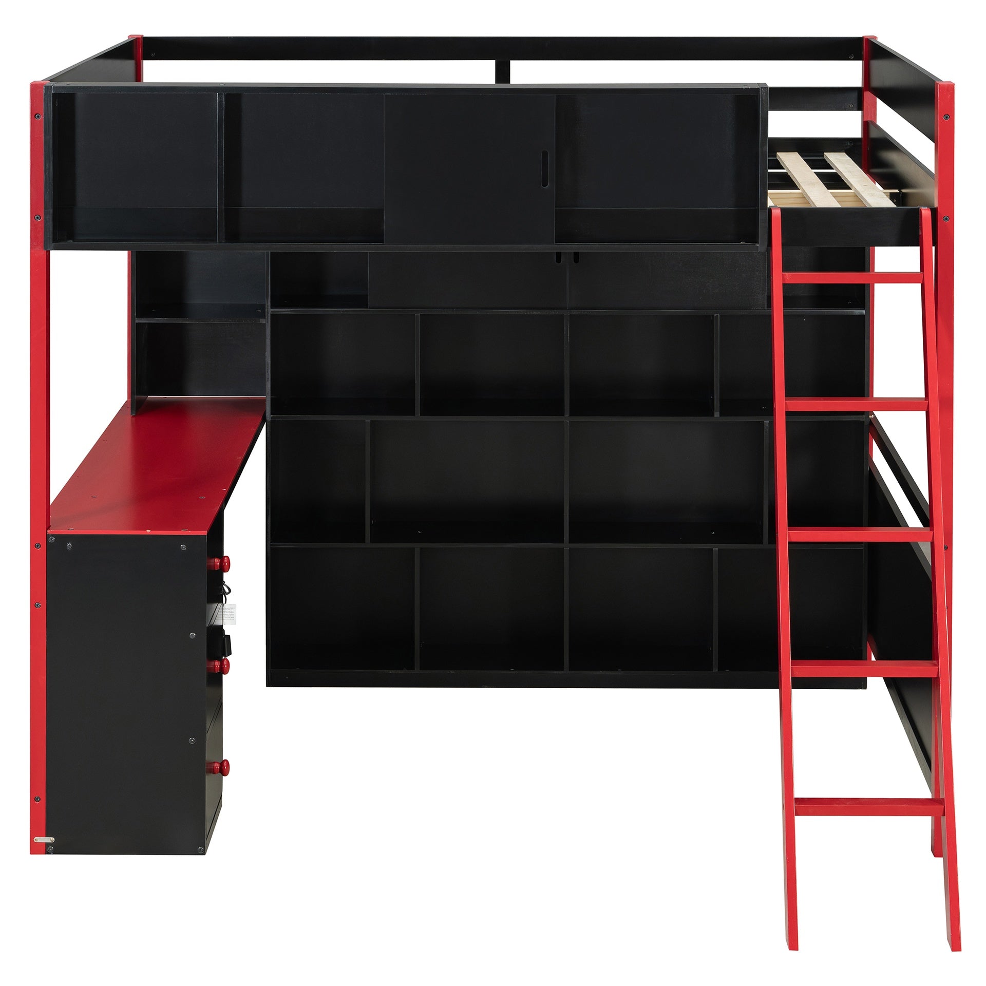 Full Size Wood Loft Bed with Desk, Ample Storage Space and Light, Red