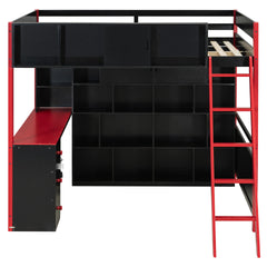 Full Size Wood Loft Bed with Desk, Ample Storage Space and Light, Red