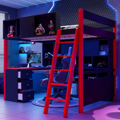 Full Size Wood Loft Bed with Desk, Ample Storage Space and Light, Red