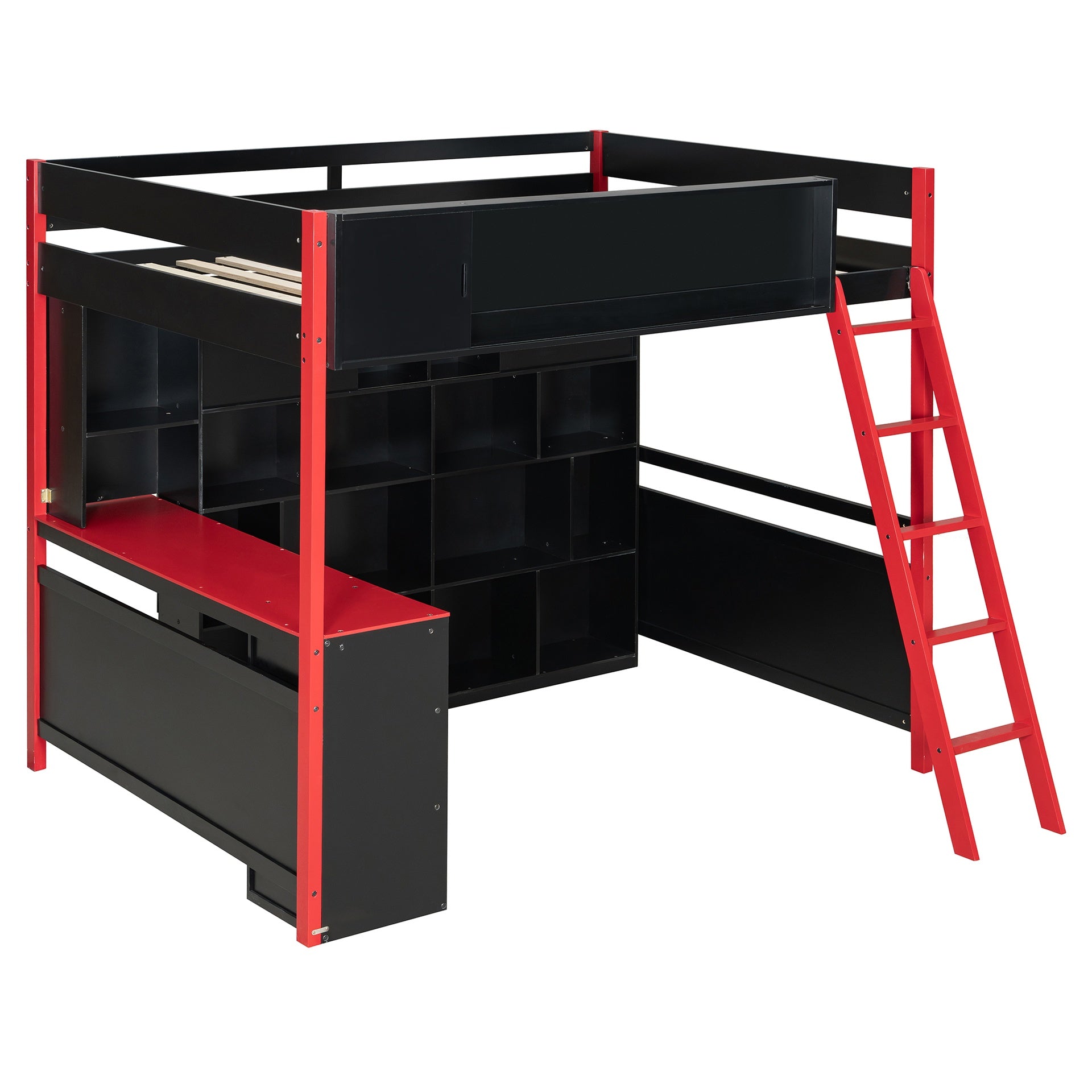 Full Size Wood Loft Bed with Desk, Ample Storage Space and Light, Red