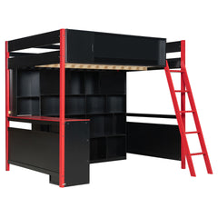 Full Size Wood Loft Bed with Desk, Ample Storage Space and Light, Red
