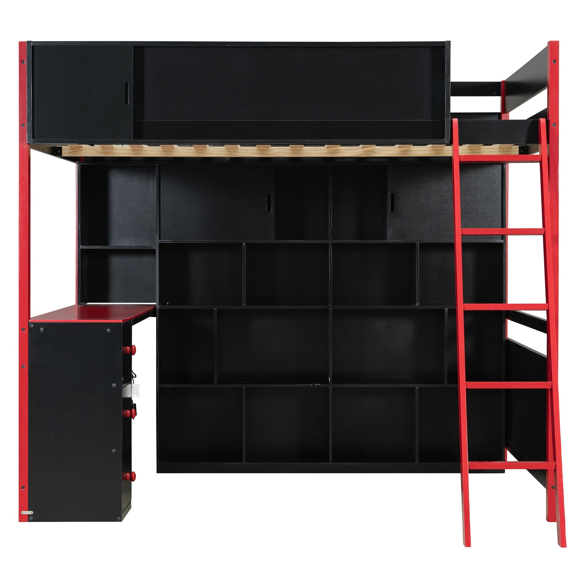 Full Size Wood Loft Bed with Desk, Ample Storage Space and Light, Red