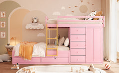 Full Size Bunk Bed with 2 Large Drawers & 5 Small Drawers, MDF & Solid Wood Construction, Modern Storage Design with Small Wardrobe –Sakura Pink