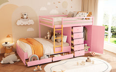 Full Size Bunk Bed with 2 Large Drawers & 5 Small Drawers, MDF & Solid Wood Construction, Modern Storage Design with Small Wardrobe –Sakura Pink