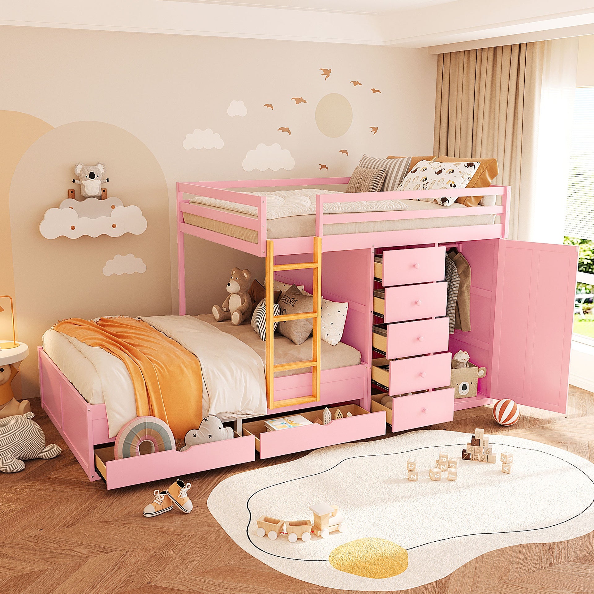 Full Size Bunk Bed with 2 Large Drawers & 5 Small Drawers, MDF & Solid Wood Construction, Modern Storage Design with Small Wardrobe –Sakura Pink