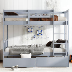 Twin Over Twin Rubber Wood Bunk Bed with 2 Drawers, Convertible into 2 Twin Beds, Twin Size Bunk Bed with Ladder and Safety Guardrails ,Grey