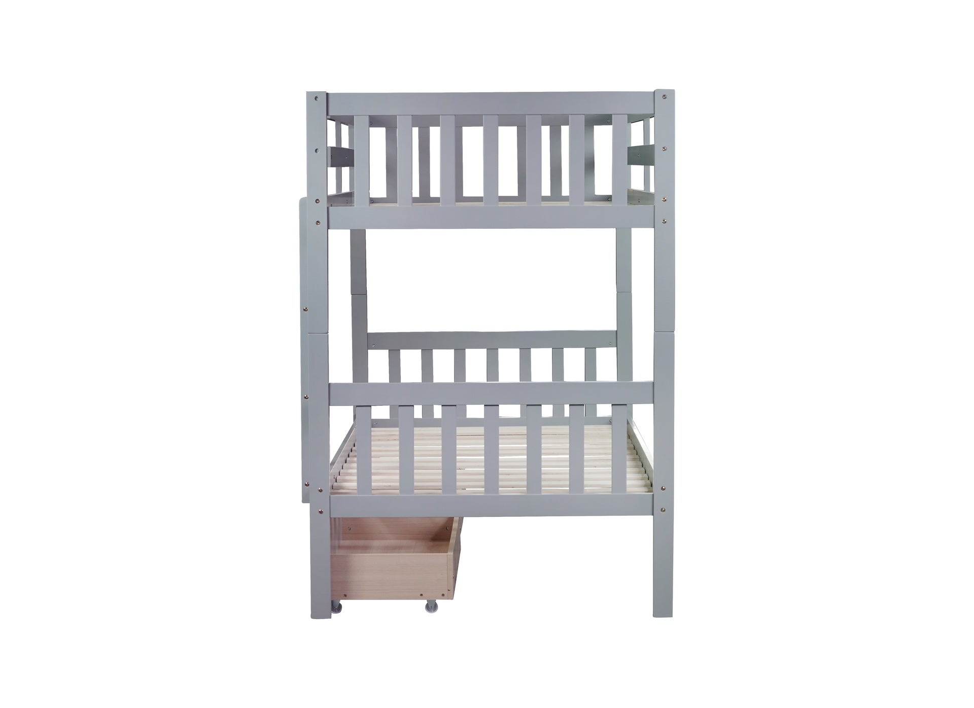 Twin Over Twin Rubber Wood Bunk Bed with 2 Drawers, Convertible into 2 Twin Beds, Twin Size Bunk Bed with Ladder and Safety Guardrails ,Grey