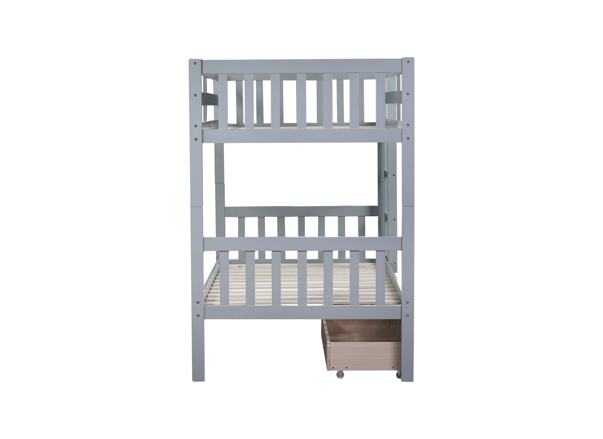 Twin Over Twin Rubber Wood Bunk Bed with 2 Drawers, Convertible into 2 Twin Beds, Twin Size Bunk Bed with Ladder and Safety Guardrails ,Grey