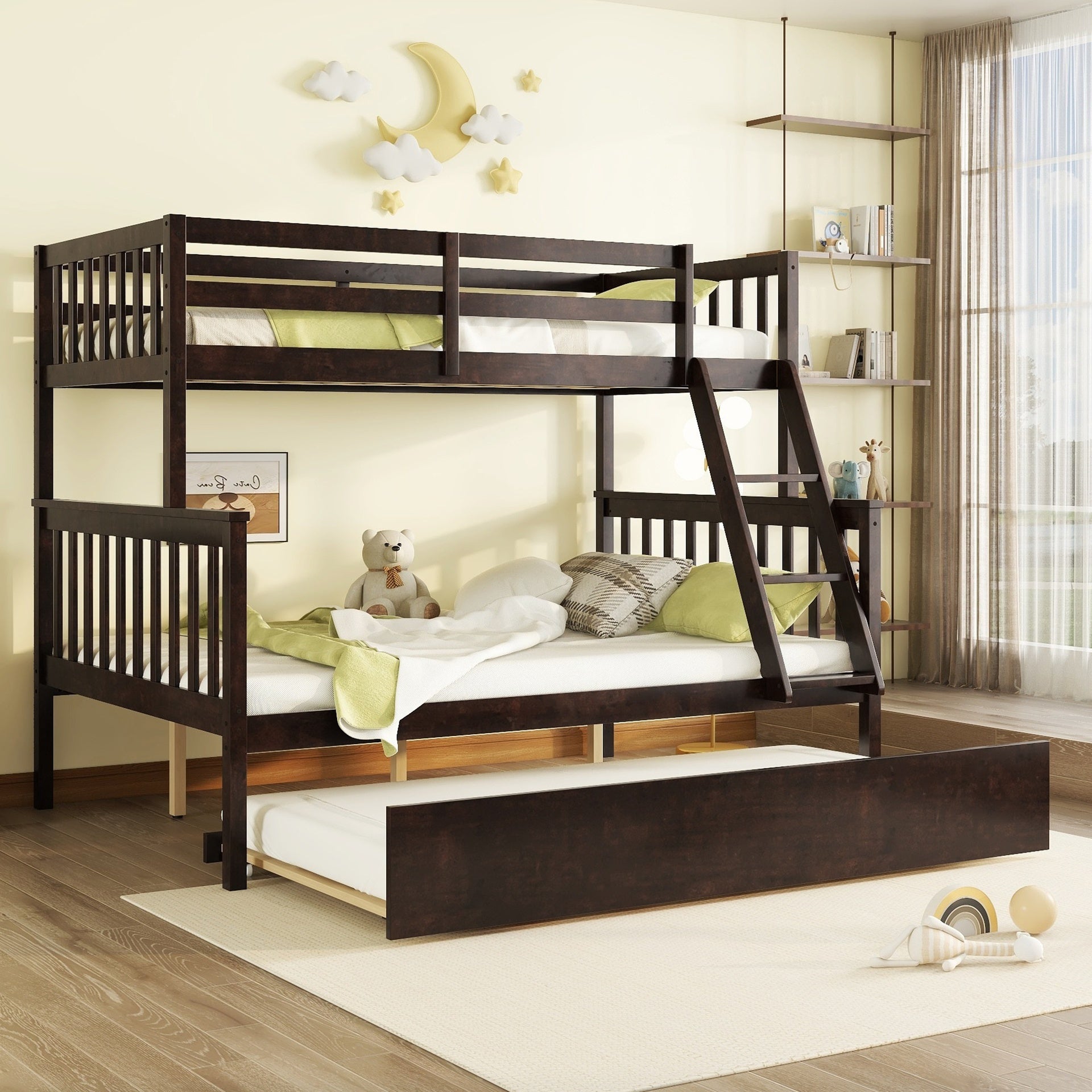 Twin Over Full Rubber Wood Bunk Bed with Trundle, Convertible Ladder and Guardrail, Detachable, Convertible Bed, with Twin Size Trundle ,Espresso