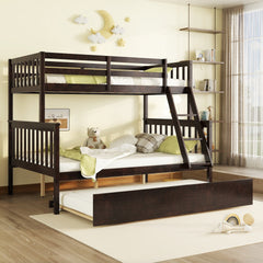 Twin Over Full Rubber Wood Bunk Bed with Trundle, Convertible Ladder and Guardrail, Detachable, Convertible Bed, with Twin Size Trundle ,Espresso