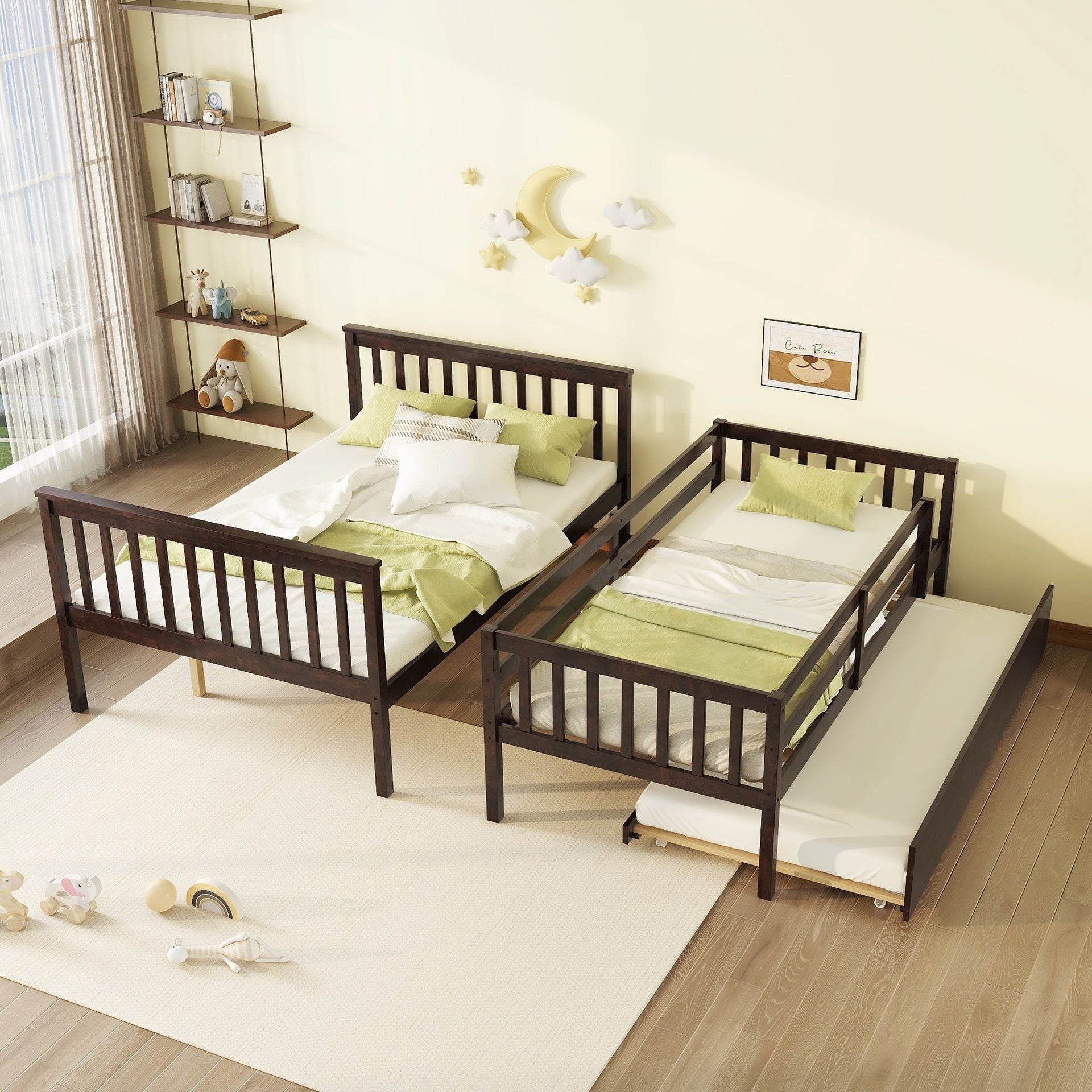 Twin Over Full Rubber Wood Bunk Bed with Trundle, Convertible Ladder and Guardrail, Detachable, Convertible Bed, with Twin Size Trundle ,Espresso