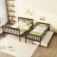 Twin Over Full Rubber Wood Bunk Bed with Trundle, Convertible Ladder and Guardrail, Detachable, Convertible Bed, with Twin Size Trundle ,Espresso