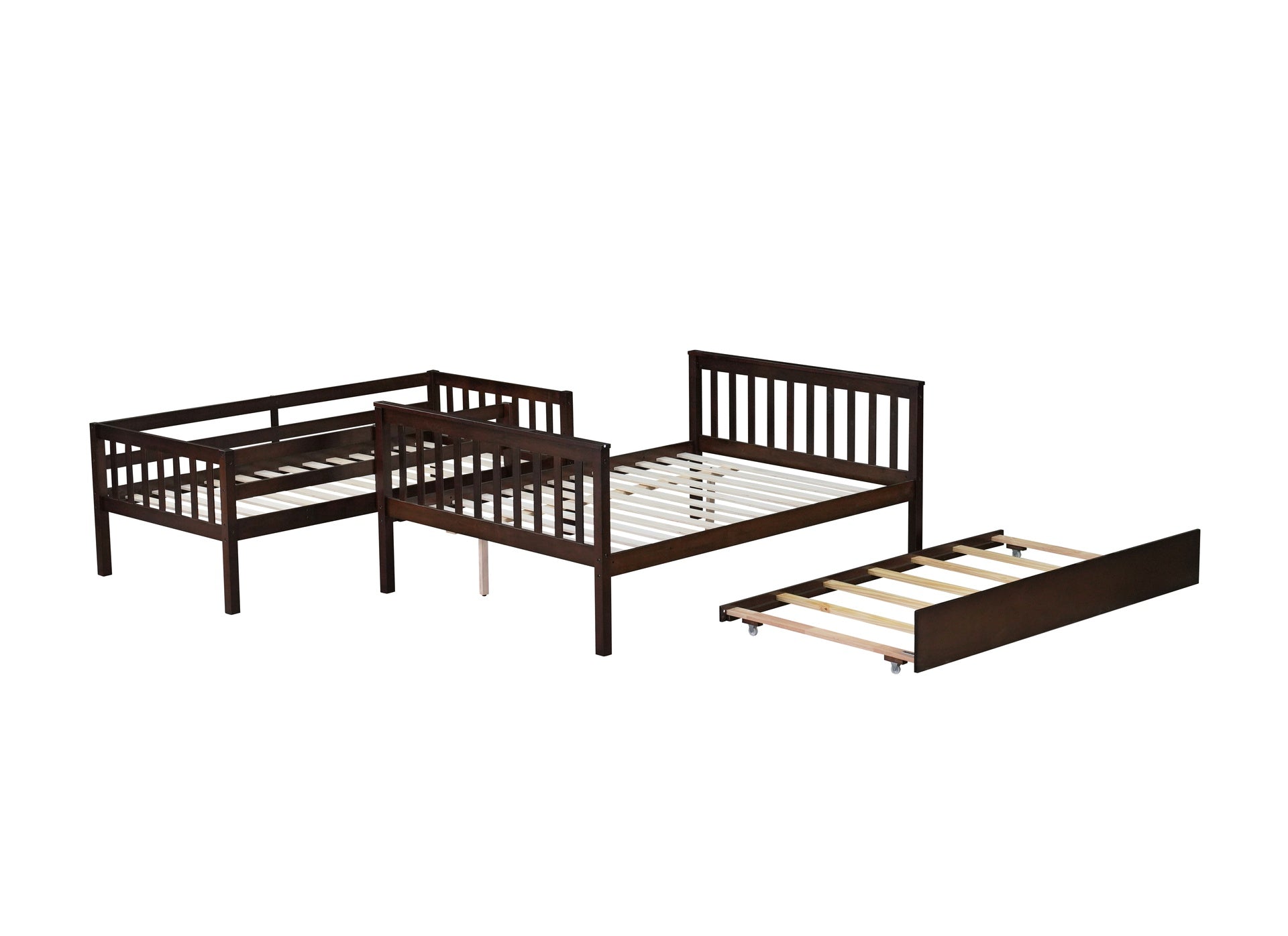 Twin Over Full Rubber Wood Bunk Bed with Trundle, Convertible Ladder and Guardrail, Detachable, Convertible Bed, with Twin Size Trundle ,Espresso