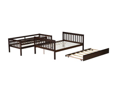 Twin Over Full Rubber Wood Bunk Bed with Trundle, Convertible Ladder and Guardrail, Detachable, Convertible Bed, with Twin Size Trundle ,Espresso