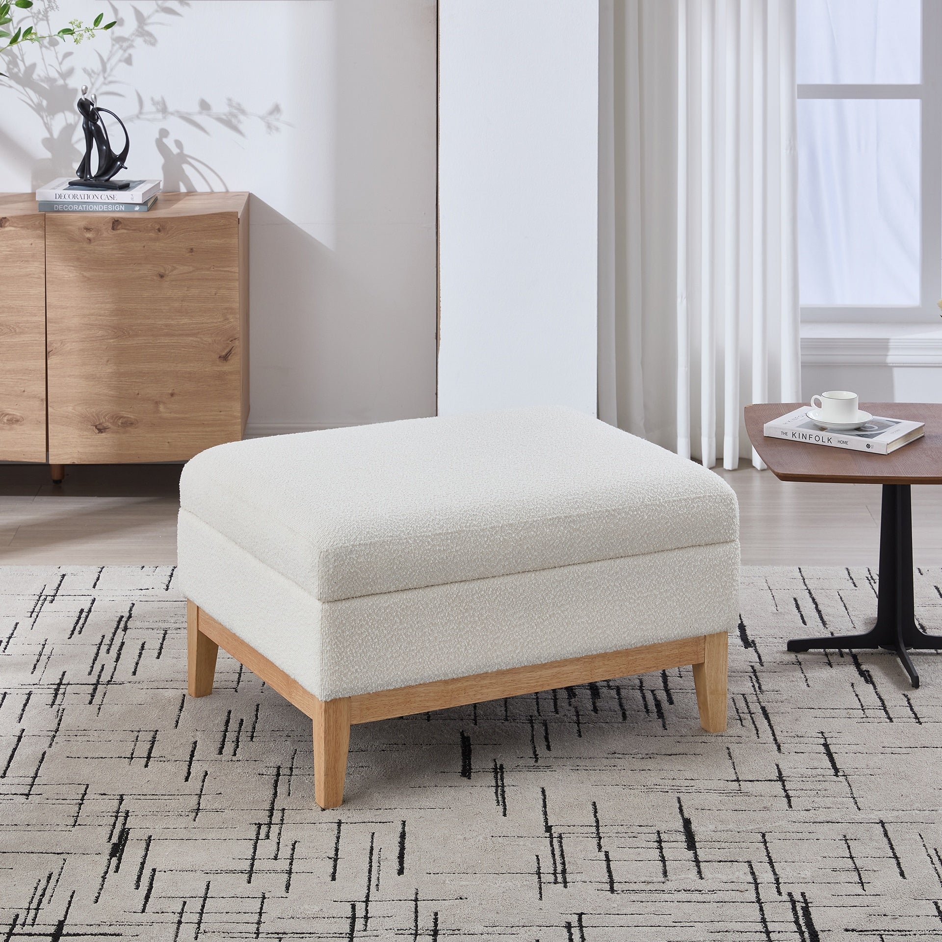 33.86"W Upholstered Wood Base Storage Ottoman With Reversible Lid Coffee Table, Foot Stool Square Footrest with Rubberwood Legs for Living Room Bedroom Entryway and Office, Ivory Boucle.