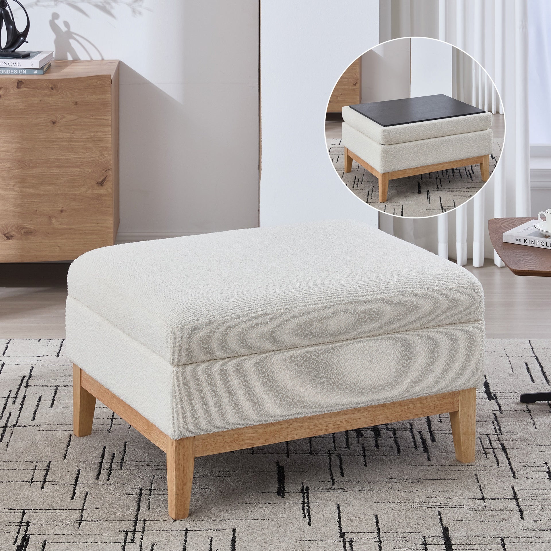33.86"W Upholstered Wood Base Storage Ottoman With Reversible Lid Coffee Table, Foot Stool Square Footrest with Rubberwood Legs for Living Room Bedroom Entryway and Office, Ivory Boucle.