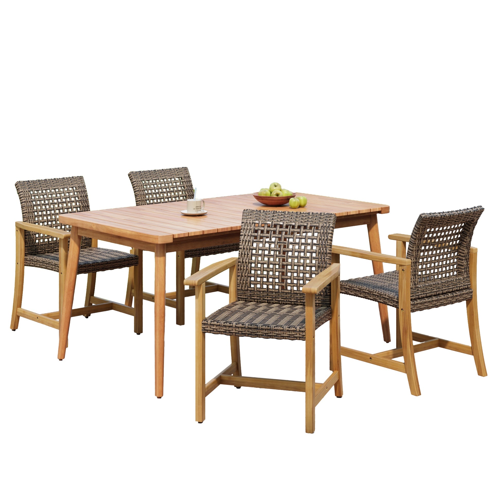 5-Piece Patio Dining Set, 63" Slatted Table & 4 Acacia Wood & PE Rattan Chairs for Patio Garden