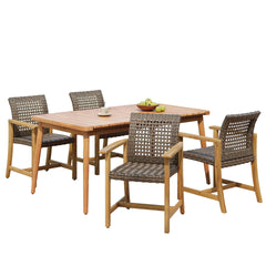 5-Piece Patio Dining Set, 63" Slatted Table & 4 Acacia Wood & PE Rattan Chairs for Patio Garden