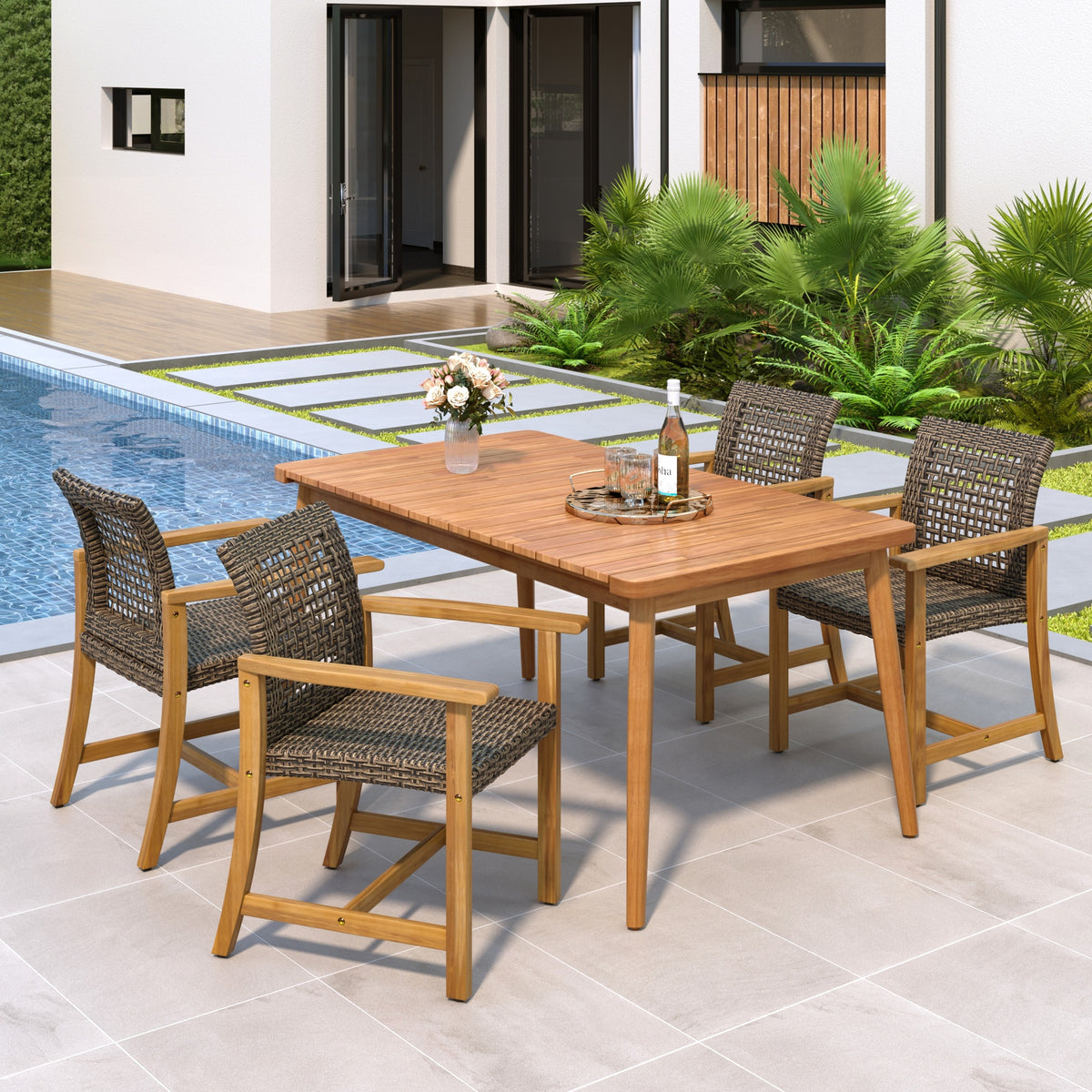 5-Piece Patio Dining Set, 63" Slatted Table & 4 Acacia Wood & PE Rattan Chairs for Patio Garden