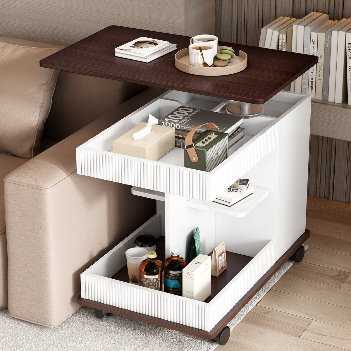 U-Can Adjustable End Table with Wheels, Modern Multifunctional Sofa Side Table with Lift-Top, 360°Rotating Top and Storage Space for Living Room, Small Space