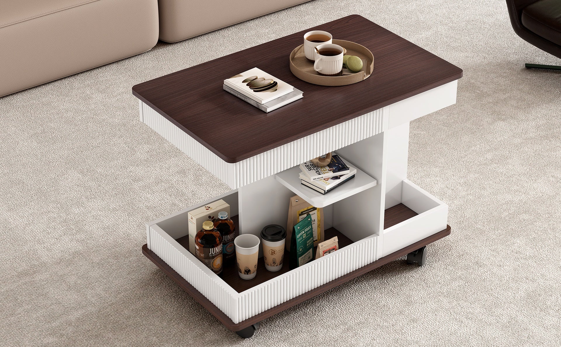 U-Can Adjustable End Table with Wheels, Modern Multifunctional Sofa Side Table with Lift-Top, 360°Rotating Top and Storage Space for Living Room, Small Space