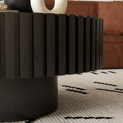Round Coffee Table Handcrafted Relief Sturdy Pedestal Wooden Olive-Shaped Tea Table for Living Room
