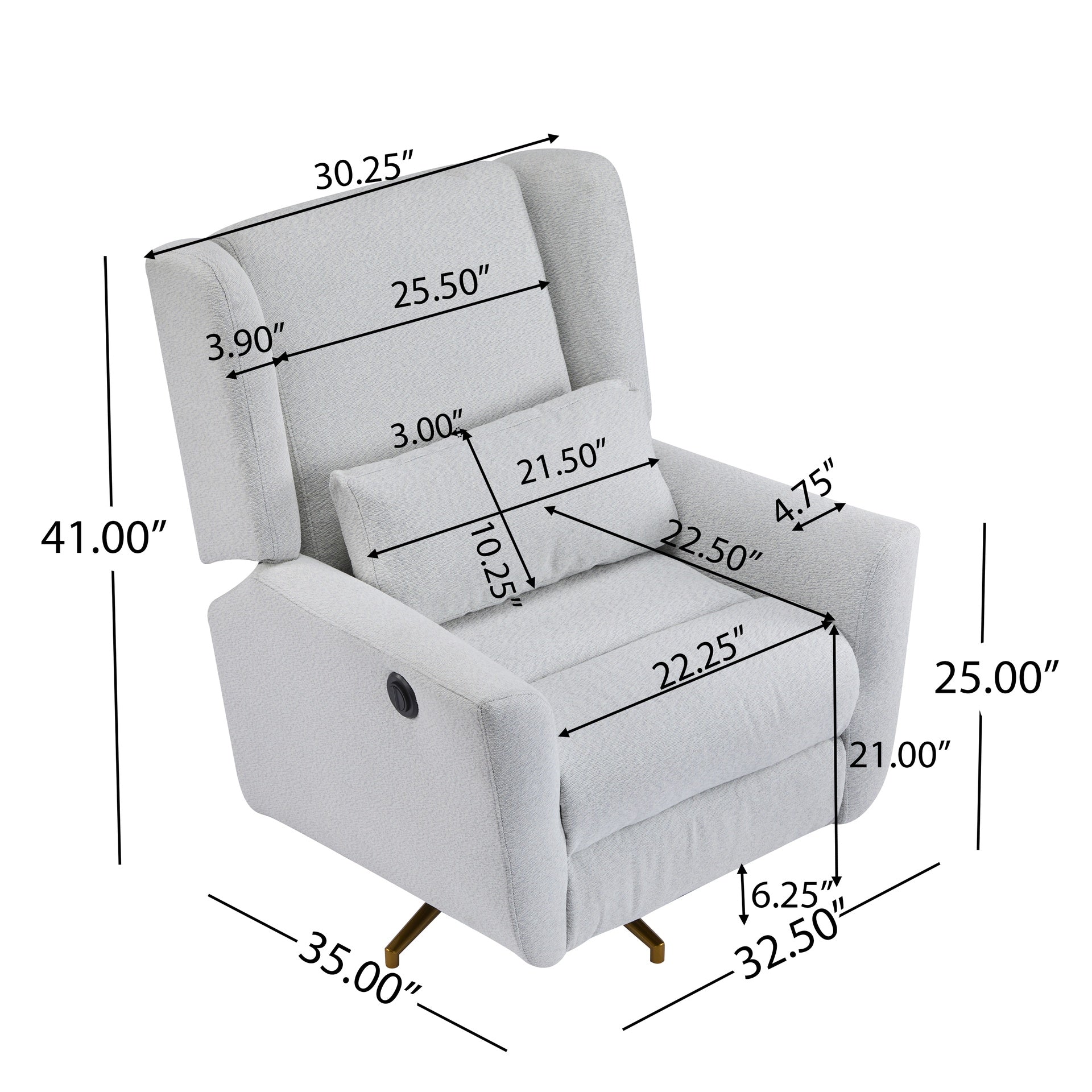 Power Recliner Chair Swivel,Upholstered 360° Swivel Recliner with gold 5 star base-light grey