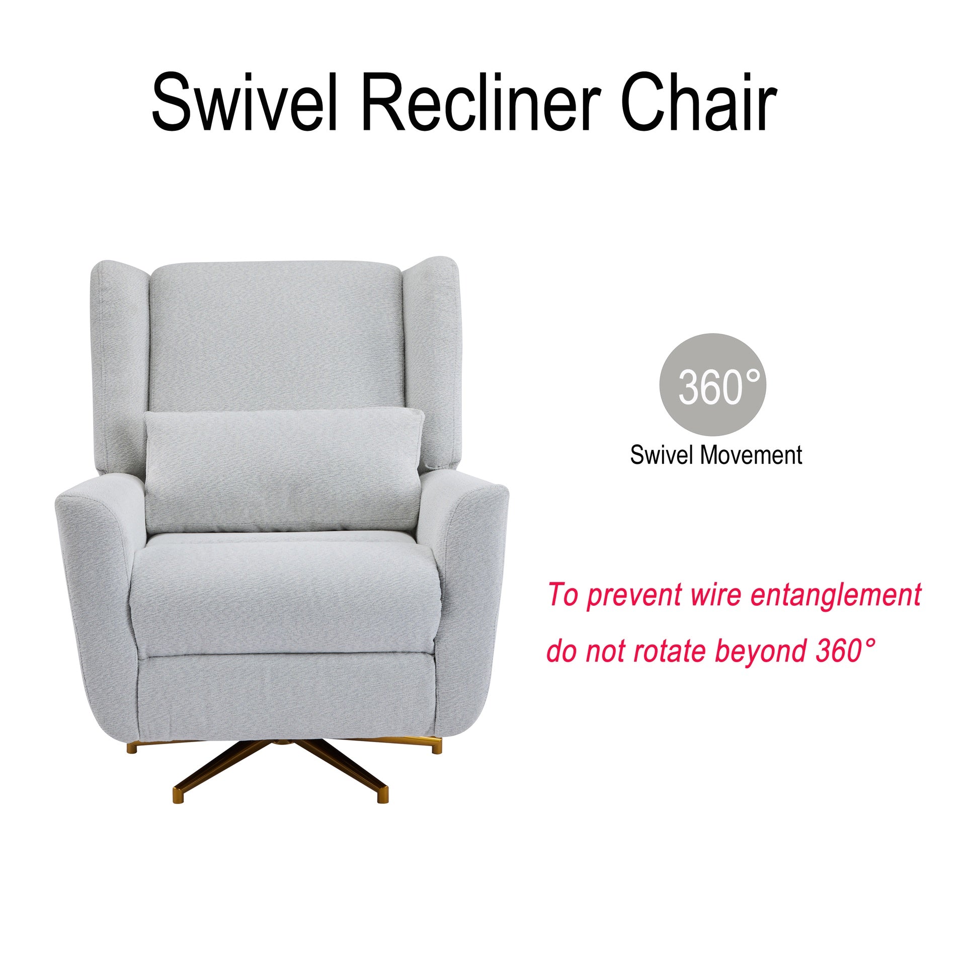 Power Recliner Chair Swivel,Upholstered 360° Swivel Recliner with gold 5 star base-light grey