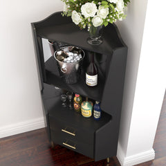 Wooden Corner bar cabinet with 2 open storage shelves and 2 drawers, mirrored back sideboard cabinet, high feet/legs for easy cleaning, buffet cabinet BLACK