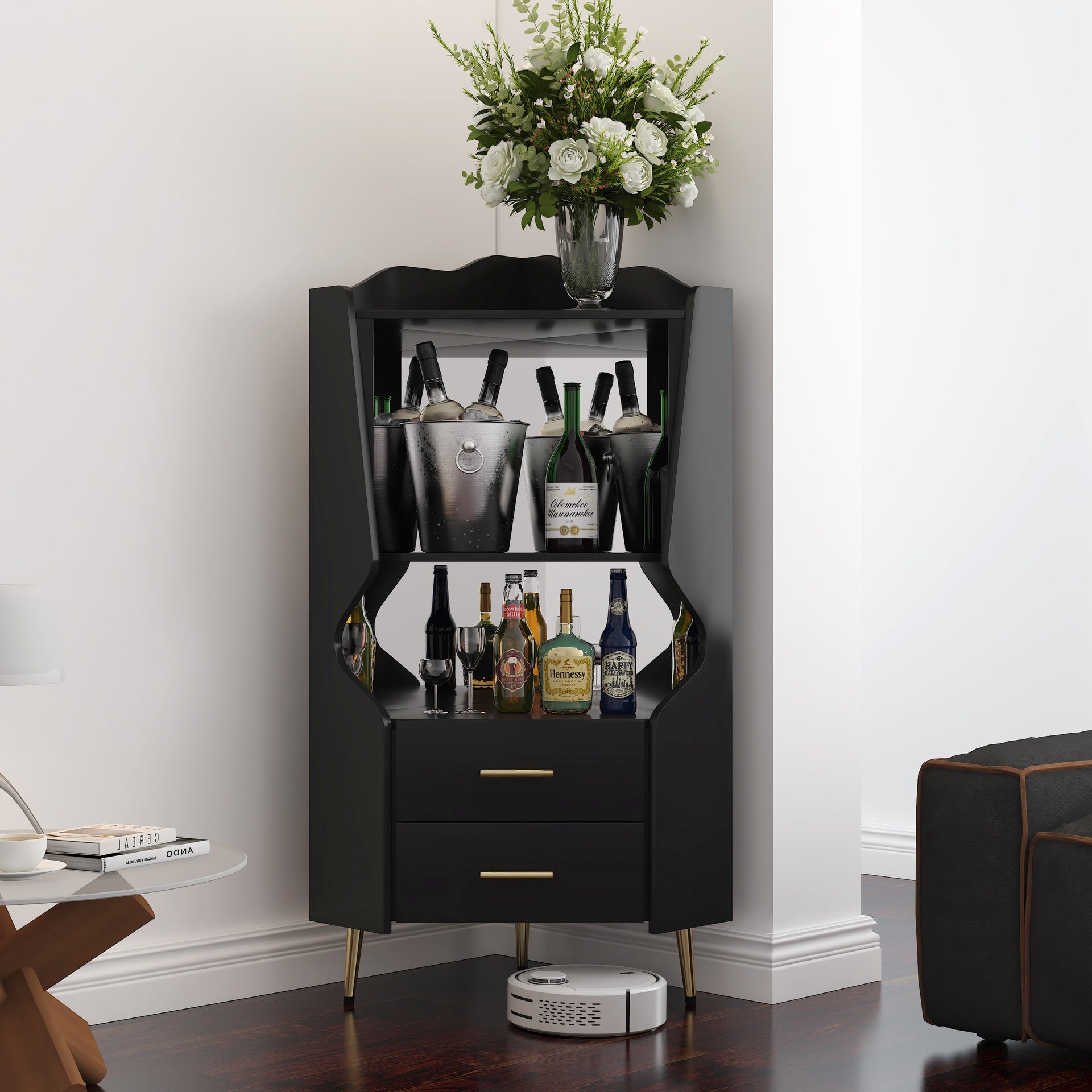 Wooden Corner bar cabinet with 2 open storage shelves and 2 drawers, mirrored back sideboard cabinet, high feet/legs for easy cleaning, buffet cabinet BLACK