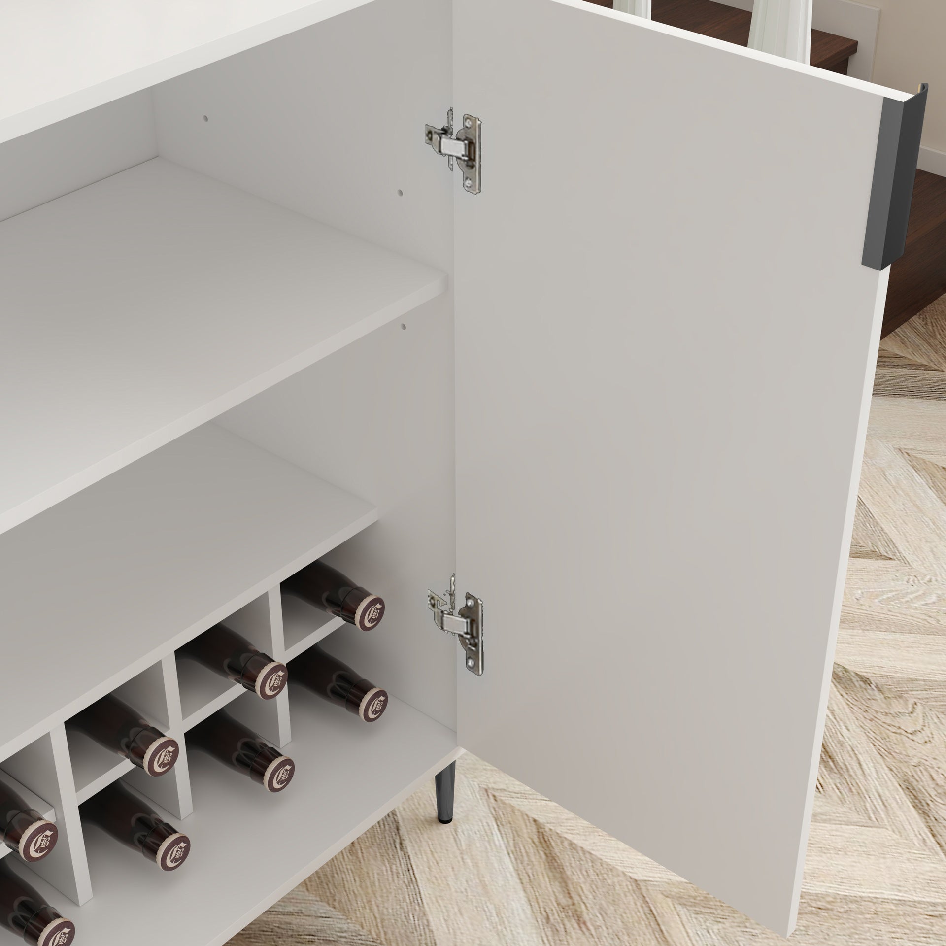 2 doors home wine bar cabinet with wine rack & adjustable storage shelf, modern sideboard with soft-closing hinge, dinning room buffet cabinet, Liquor Cabinet kitchen, living room coffee cart White