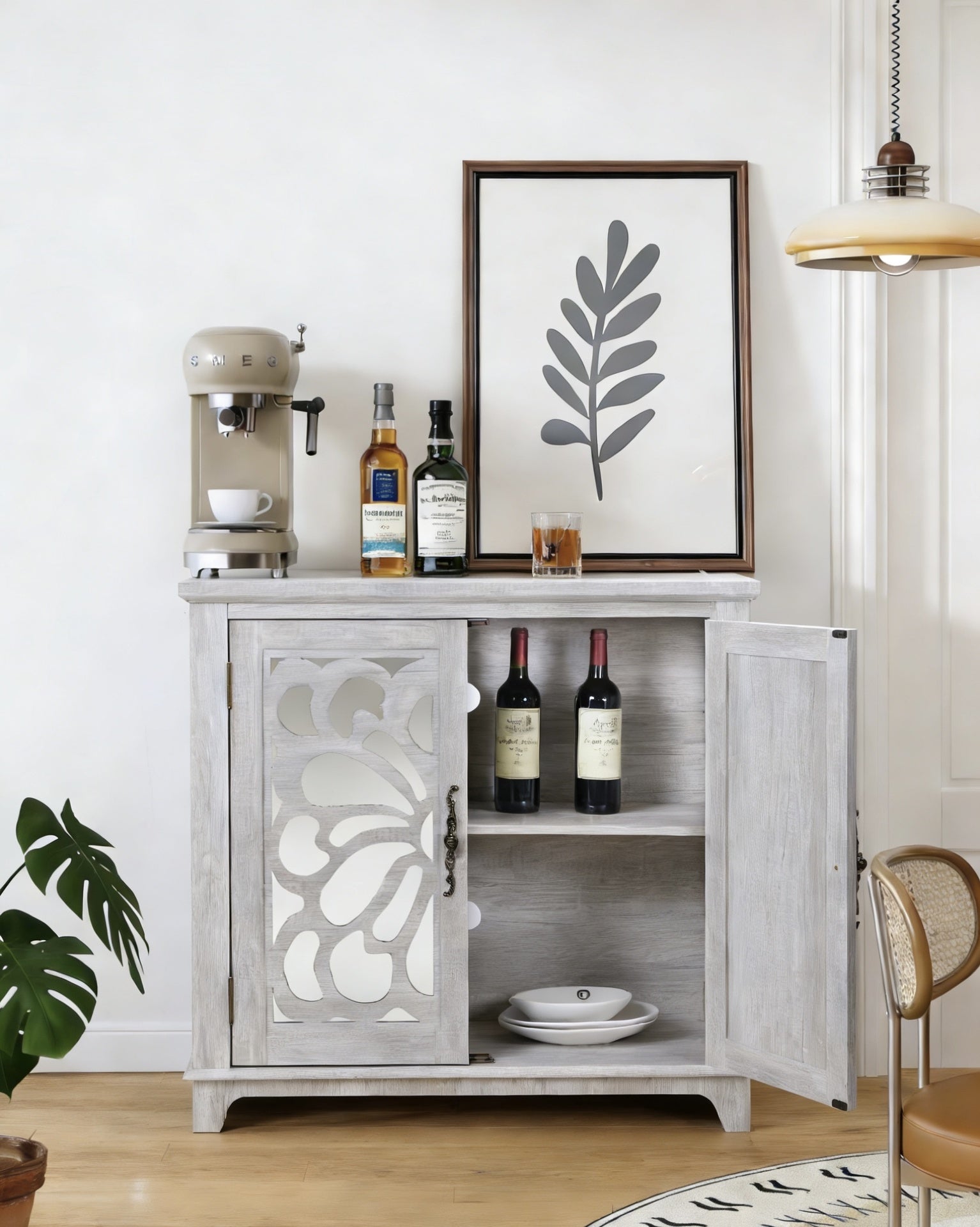 Elegant sideboard with 2 acrylic mirrored doors Sideboard and Buffet with Storage, Hollow-Carved Accent Cabinet gray laminates and MDF substrate, spacious space adjustable shelf, living room, kitchen
