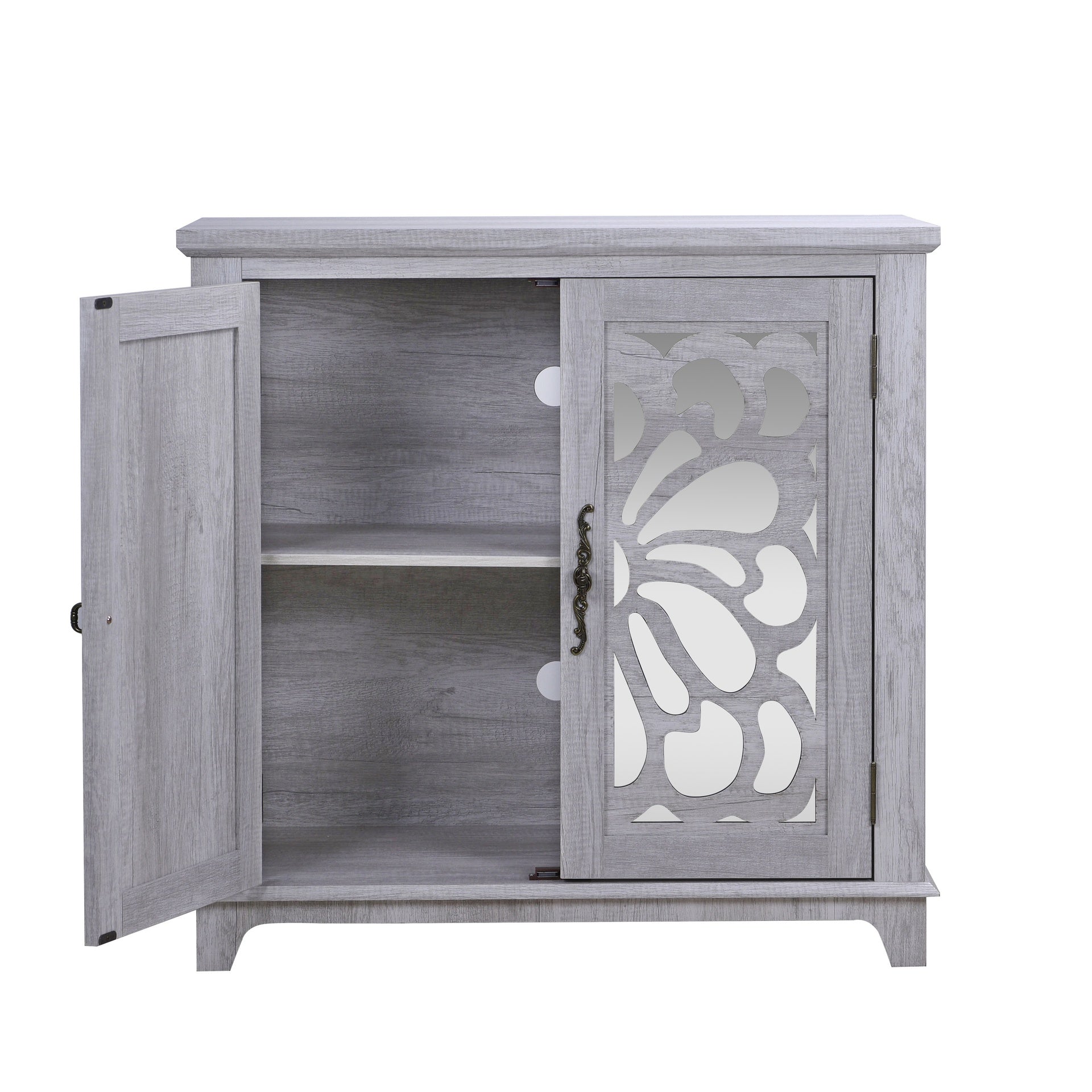 Elegant sideboard with 2 acrylic mirrored doors Sideboard and Buffet with Storage, Hollow-Carved Accent Cabinet gray laminates and MDF substrate, spacious space adjustable shelf, living room, kitchen