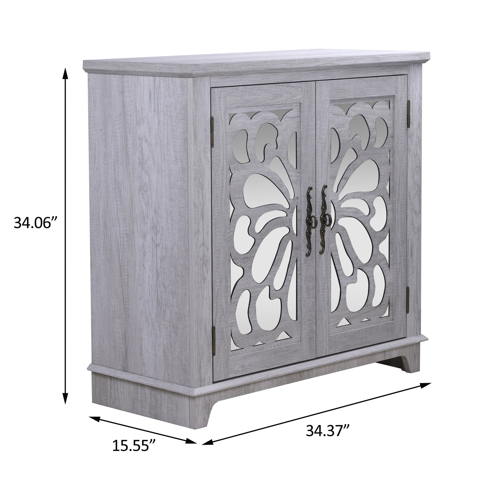 Elegant sideboard with 2 acrylic mirrored doors Sideboard and Buffet with Storage, Hollow-Carved Accent Cabinet gray laminates and MDF substrate, spacious space adjustable shelf, living room, kitchen